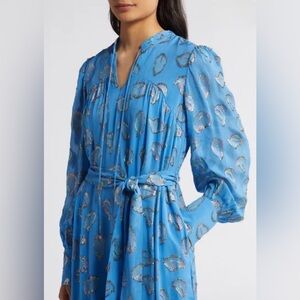 Ciebon | Eriana Blue and Metallic Long Sleeve Belted Dress, 1X NWT